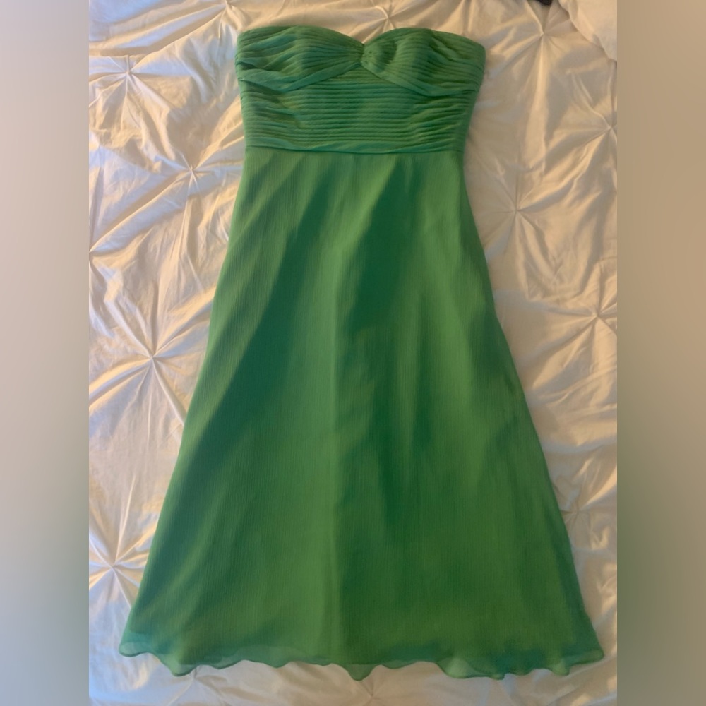 David’s Bridal Flowy Green Strapless Dress